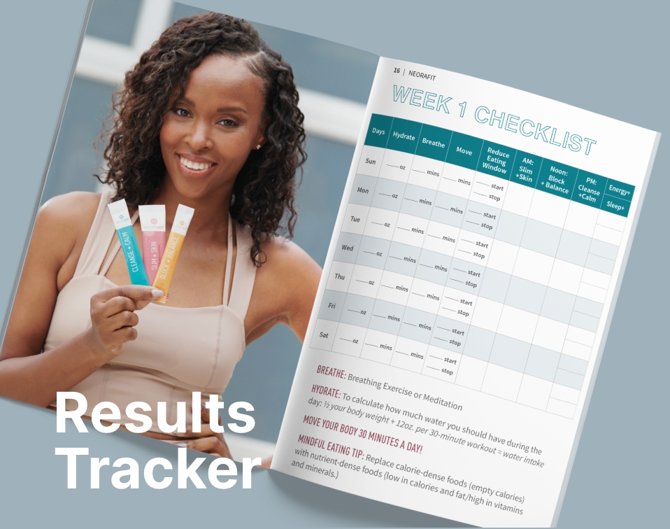 Results Tracker. The results tracker opened up to a page with a woman holding NeoraFit sachets next to a week 1 checklist page.
